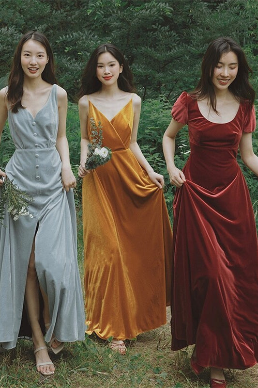 Yellow Velvet A-line Long Bridesmaid Dress