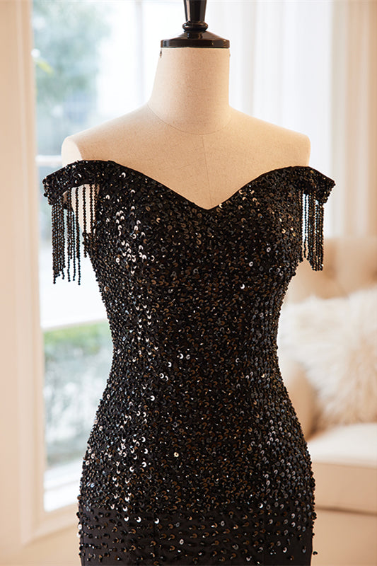 Black Mermaid Off-the-Shoulder Sequins Top Maxi Formal Dress