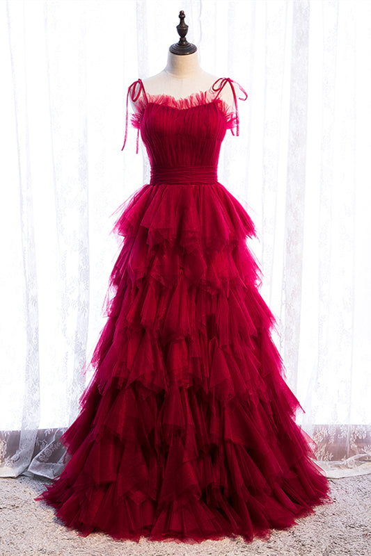 Chic Tiered Tulle A-Line Straps Long Party Prom Dress
