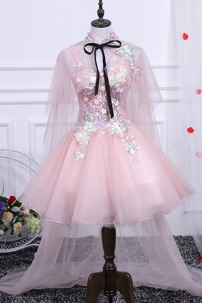 Pink Straps Appliques Homecoming Dress with a High Neck Scarf Pink / US 2 Pink Straps Appliques Homecoming Dress with a High Neck Scarf Pink / US 2