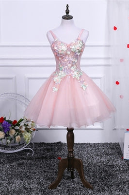 Pink Straps Appliques Homecoming Dress with a High Neck Scarf