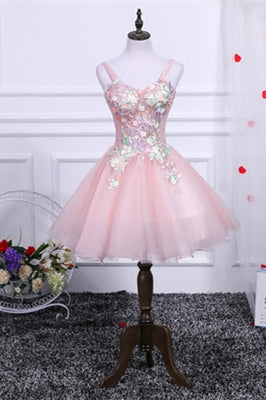 Pink Straps Appliques Homecoming Dress with a High Neck Scarf Pink / US 2 Pink Straps Appliques Homecoming Dress with a High Neck Scarf Pink / US 2