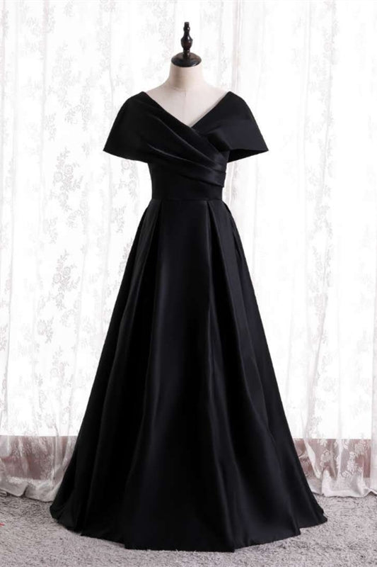 Black V Neck Satin Pleated Bat wing Sleeves Long Formal Dress