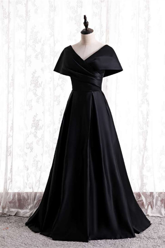 Black V Neck Satin Pleated Bat wing Sleeves Long Formal Dress