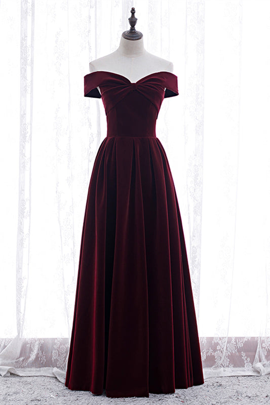 Burgundy A-line Off-the-Shoulder Pleated Bow Velvet Maxi Formal Dress