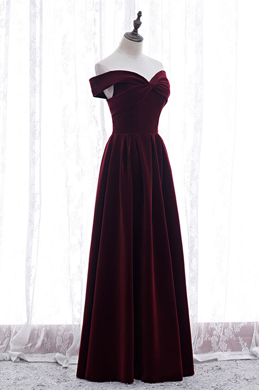 Burgundy A-line Off-the-Shoulder Pleated Bow Velvet Maxi Formal Dress