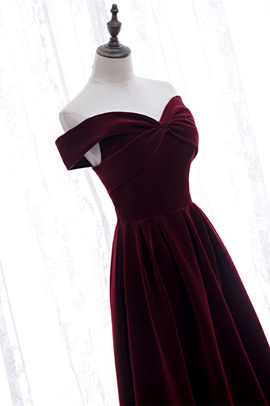 Burgundy A-line Off-the-Shoulder Pleated Bow Velvet Maxi Formal Dress