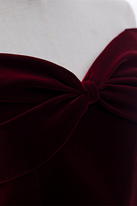 Burgundy A-line Off-the-Shoulder Pleated Bow Velvet Maxi Formal Dress