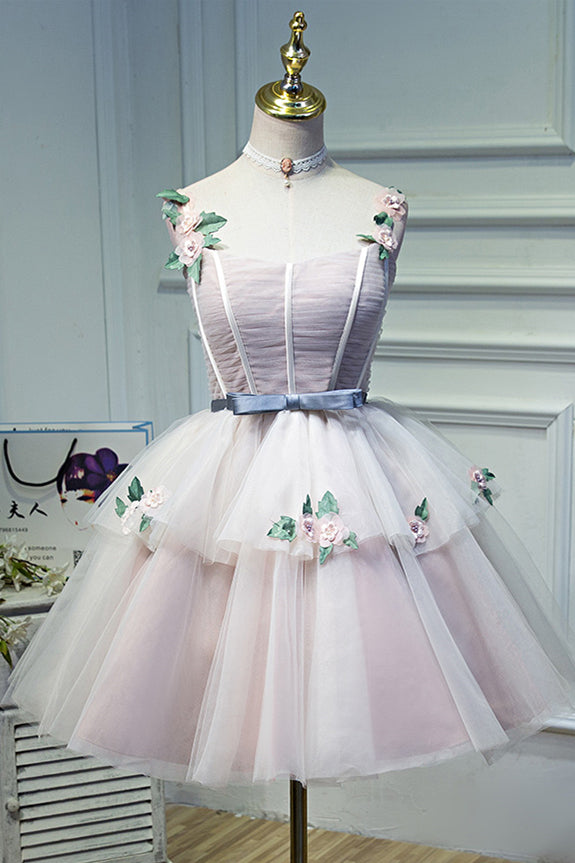 Pink Flower Straps Multi-Layers Appliques Tulle Homecoming Dress