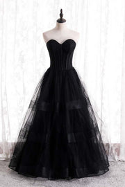 Black A-line Strapless Tulle Long Formal Dress with Multi Flares Boning