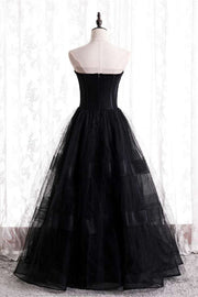 Black A-line Strapless Tulle Long Formal Dress with Multi Flares Boning
