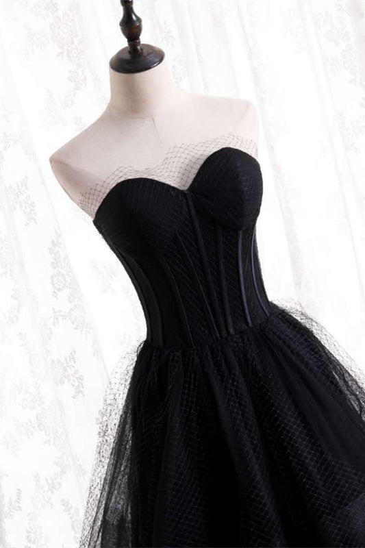 Black A-line Strapless Tulle Long Formal Dress with Multi Flares Boning