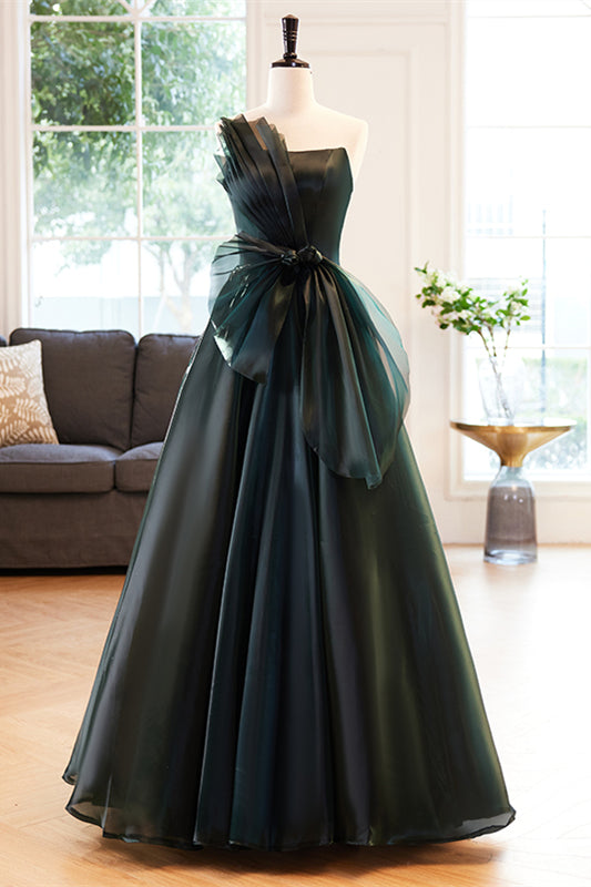 Dark Green Strapless Pleated Maxi Formal Dress with Bow