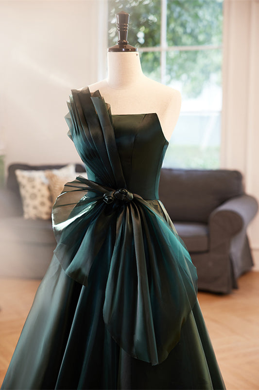 Dark Green Strapless Pleated Maxi Formal Dress with Bow