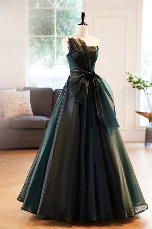 Dark Green Strapless Pleated Maxi Formal Dress with Bow