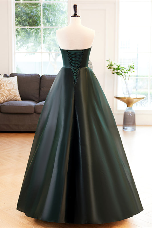 Dark Green Strapless Pleated Maxi Formal Dress with Bow