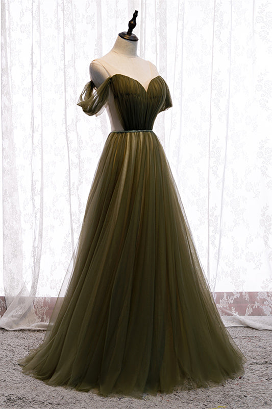 Dusty Green Off-the-Shoulder Pleated Maxi Formal Dress with Beaded Sash