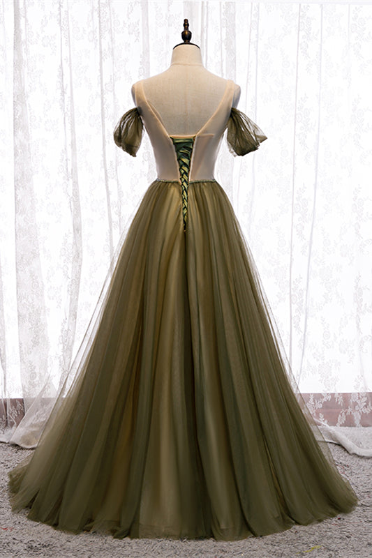 Dusty Green Off-the-Shoulder Pleated Maxi Formal Dress with Beaded Sash