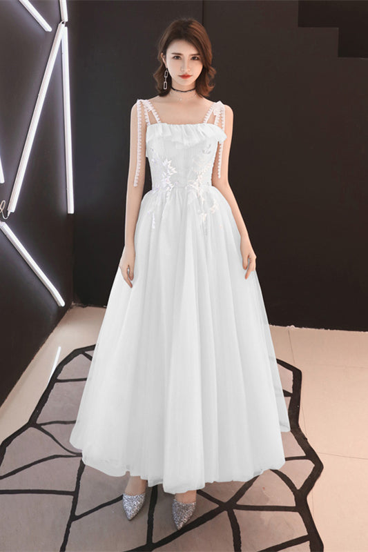White Lace Double Straps Flaunt Neck Appliques Maxi Prom Dress