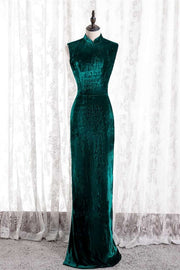 Peacock High Neck Mermaid Sleeveless Velvet Long Formal Dress with Slit