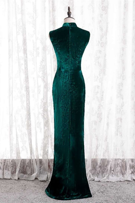 Peacock High Neck Mermaid Sleeveless Velvet Long Formal Dress with Slit