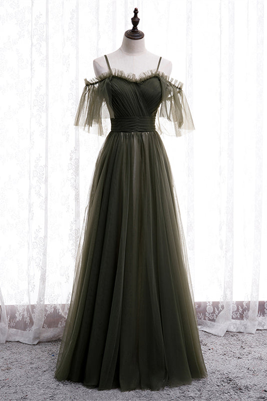 Dusty Green Off-the-Shoulder Straps Pleated Ruffle Maxi Formal Dress