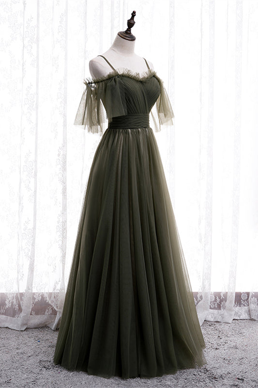 Dusty Green Off-the-Shoulder Straps Pleated Ruffle Maxi Formal Dress