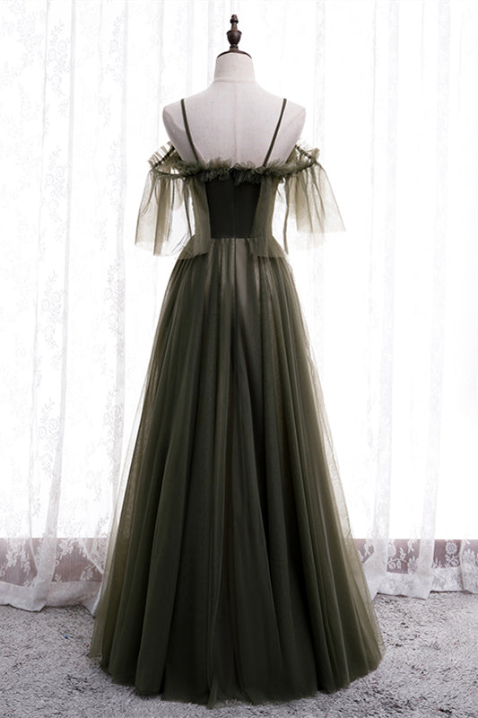 Dusty Green Off-the-Shoulder Straps Pleated Ruffle Maxi Formal Dress