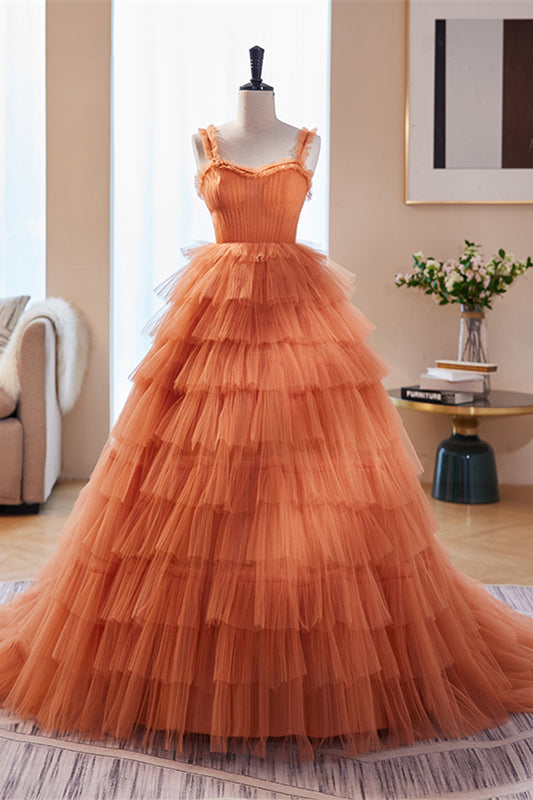 Orange Straps Detachable Illusion Sleeves Multi-Layers Maxi Formal Dre | Joyofdress Orange Straps Detachable Illusion Sleeves Multi-Layers Maxi Formal Dre | Joyofdress