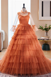 Orange Straps Detachable Illusion Sleeves Multi-Layers Maxi Formal Dress