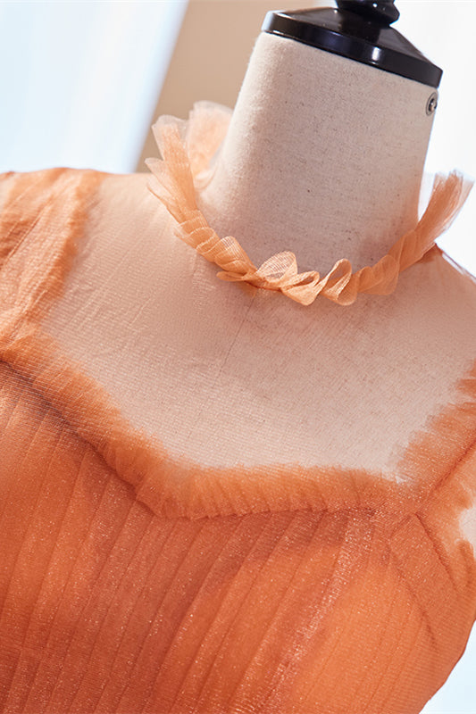 Orange Straps Detachable Illusion Sleeves Multi-Layers Maxi Formal Dress