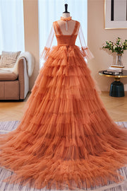 Orange Straps Detachable Illusion Sleeves Multi-Layers Maxi Formal Dress