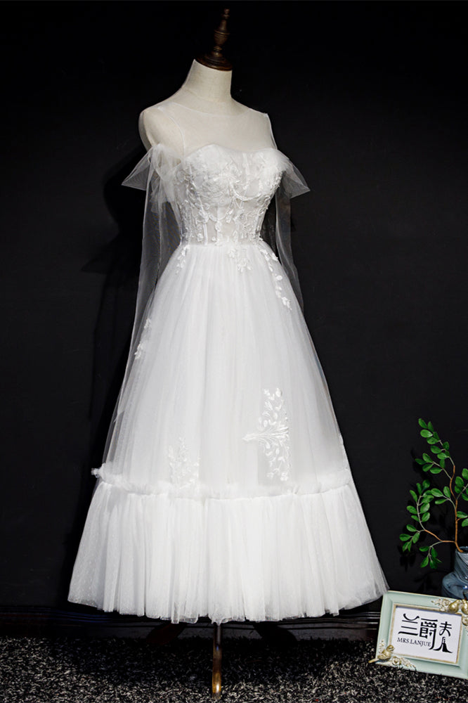 White Illusion Off-the-Shoulder Ruffle Appliques Tea Length Prom Dress