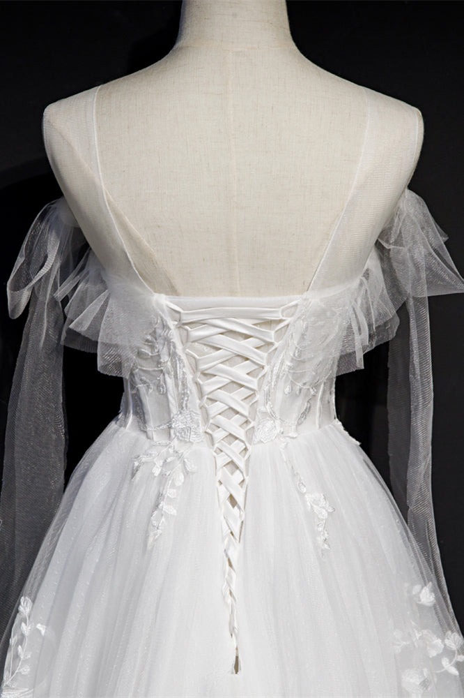 White Illusion Off-the-Shoulder Ruffle Appliques Tea Length Prom Dress