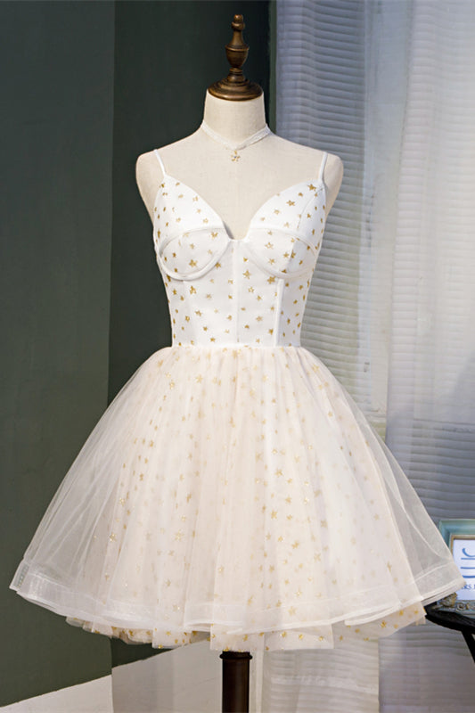 Beige V Neck Straps Star-Prints Tulle Homecoming Dress