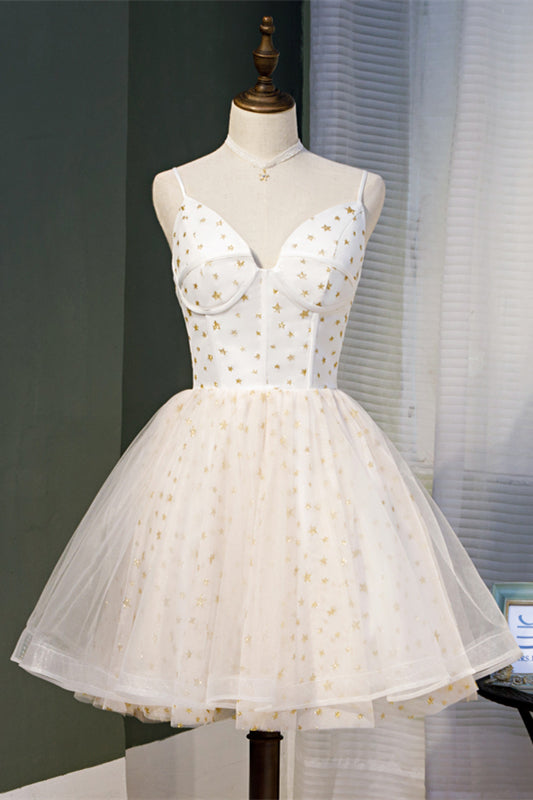 Beige V Neck Straps Star-Prints Tulle Homecoming Dress Beige / US 4 / Short Length Beige V Neck Straps Star-Prints Tulle Homecoming Dress Beige / US 4 / Short Length