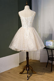 Beige V Neck Straps Star-Prints Tulle Homecoming Dress