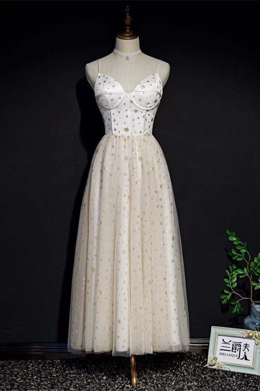 Beige V Neck Straps Star-Prints Tulle Homecoming Dress