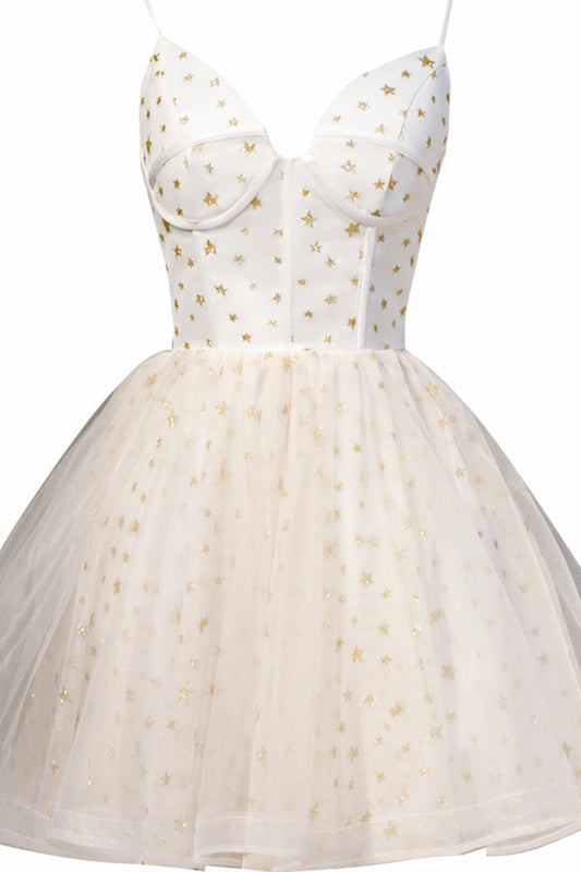Beige V Neck Straps Star-Prints Tulle Homecoming Dress