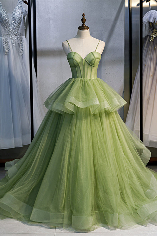 Light Green A-line Straps Ruffle-Layers Sweeping Maxi Formal Dress