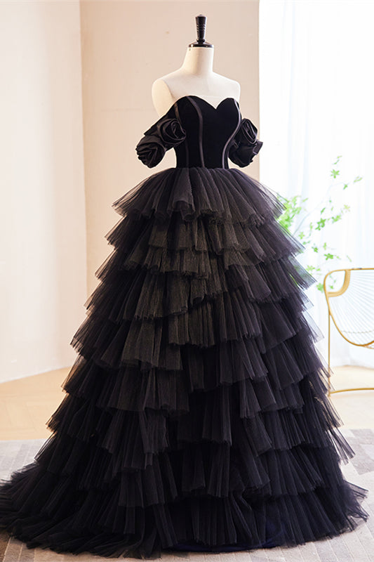 Black Flower Off-the-Shoulder Sweetheart Multi-Layers Maxi Formal Dress 