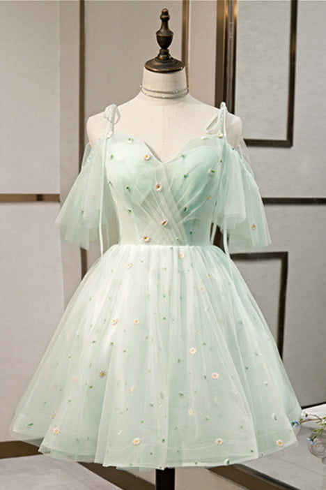 Light Green Flaunt Off-the-Shoulder Bow Tie Embroidery Homecoming Dress