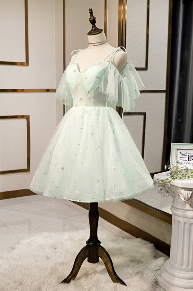 Light Green Flaunt Off-the-Shoulder Bow Tie Embroidery Homecoming Dress