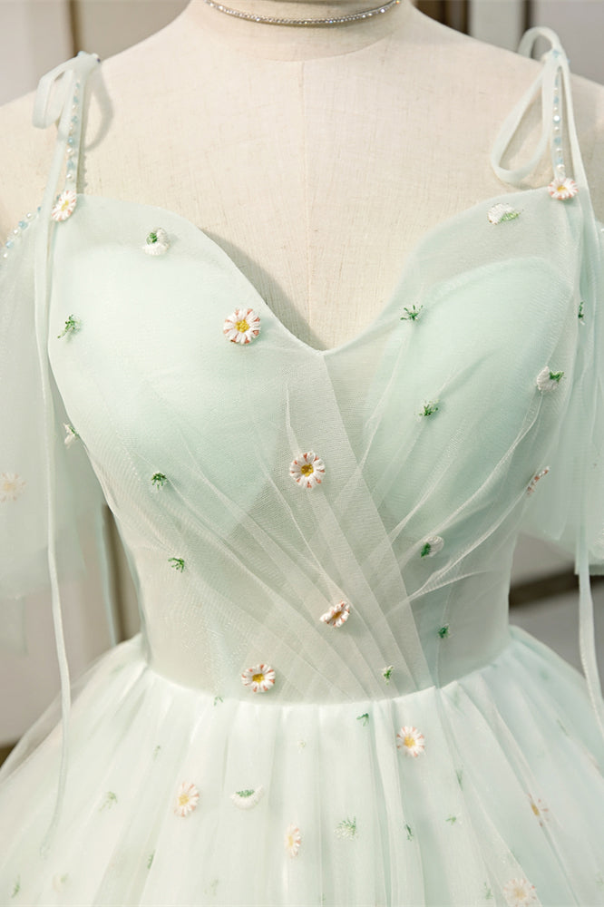 Light Green Flaunt Off-the-Shoulder Bow Tie Embroidery Homecoming Dres | Joyofdress Light Green Flaunt Off-the-Shoulder Bow Tie Embroidery Homecoming Dres | Joyofdress