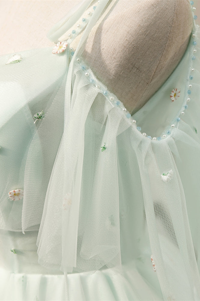 Light Green Flaunt Off-the-Shoulder Bow Tie Embroidery Homecoming Dress