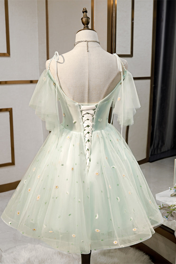 Light Green Flaunt Off-the-Shoulder Bow Tie Embroidery Homecoming Dress