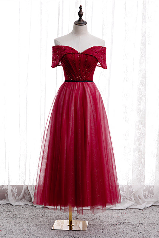 Red Folded Off-the-Shoulder Beaded Tea Length Formal Dress