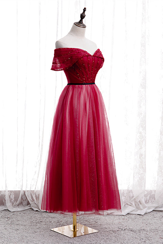 Red Folded Off-the-Shoulder Beaded Tea Length Formal Dress