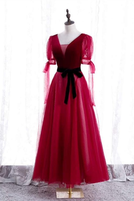 Red V Neck Puff Sleeves Bow Tie A-line knee Length Formal Dress with Sash