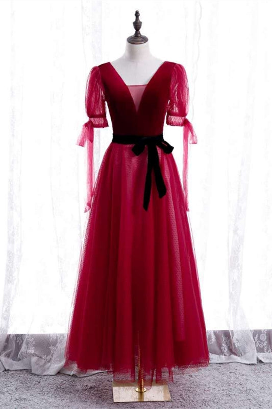 Red V Neck Puff Sleeves Bow Tie A-line knee Length Formal Dress with Sash